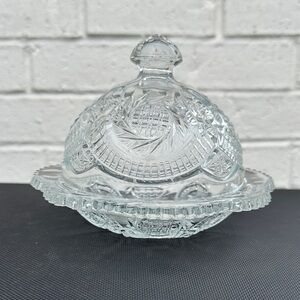 Vintage Elegant Clear Cut Glass Round two-piece Butter Dish with Sawtooth Edge